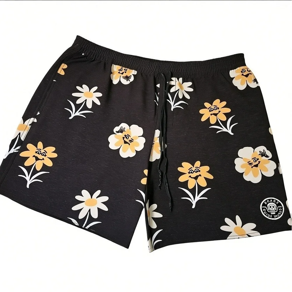 Roark Surf Board Shorts Mens XXL Black Floral Smiley Face Swim Trunks Pockets